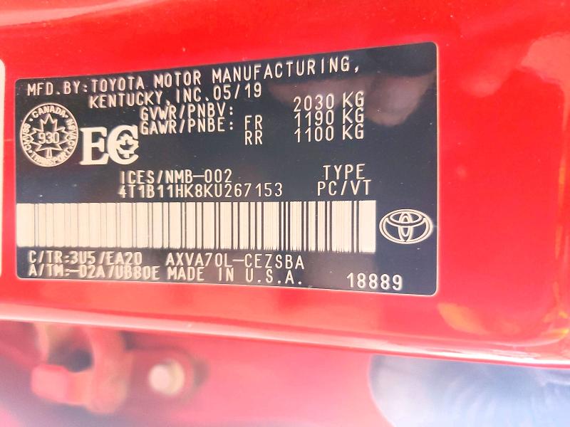 Продажа на аукционе авто 2019 Toyota Camry, vin: 4T1B11HK8KU267153, номер лота: 62047426