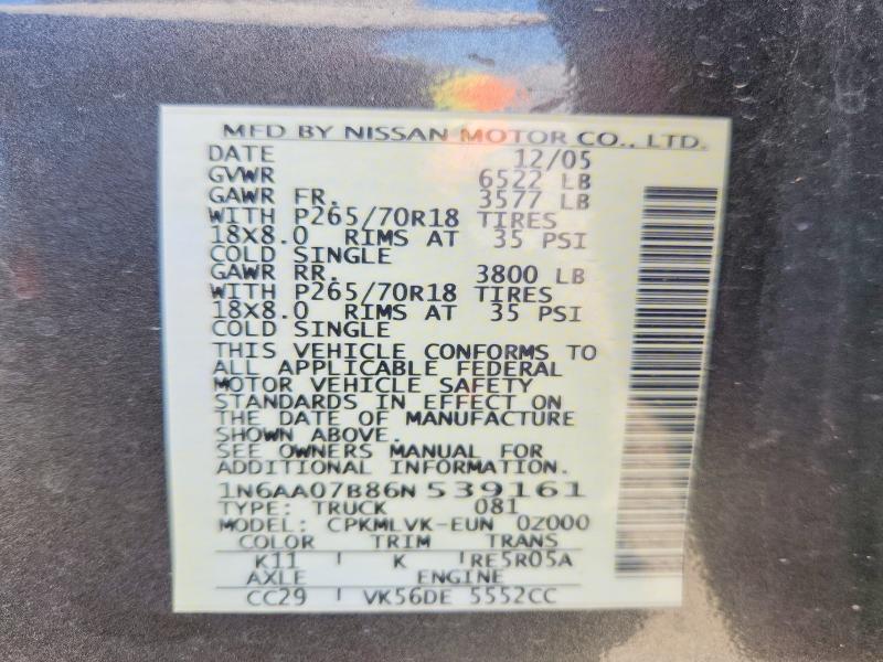 Продажа на аукционе авто 2006 Nissan Titan, vin: 1N6AA07B86N539161, номер лота: 62493046