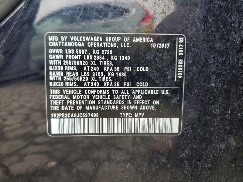 2018 Volkswagen Atlas მანქანა იყიდება აუქციონზე, vin: 1V2PR2CA8JC537489, აუქციონის ნომერი: 59703676