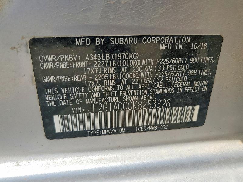 Продаж на аукціоні авто 2019 Subaru Crosstrek, vin: JF2GTACC0K8253326, номер лоту: 62461756