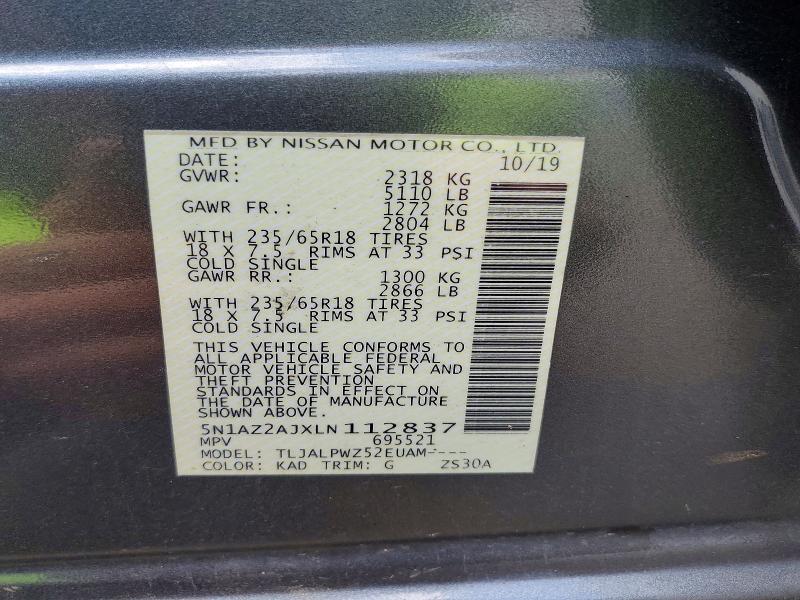 Auction sale of the 2020 Nissan Murano, vin: 5N1AZ2AJXLN112837, lot number: 60073576