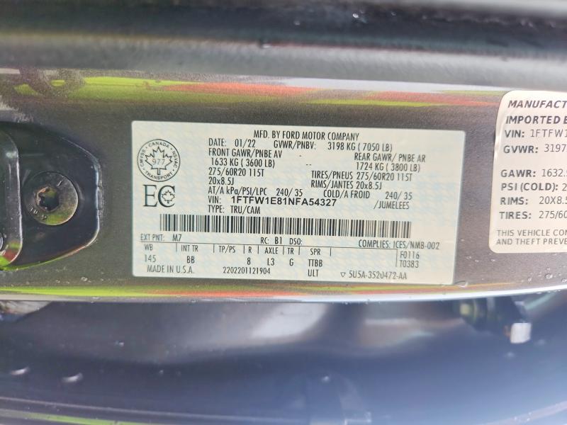2022 Ford F150 მანქანა იყიდება აუქციონზე, vin: 1FTFW1E81NFA54327, აუქციონის ნომერი: 62720756