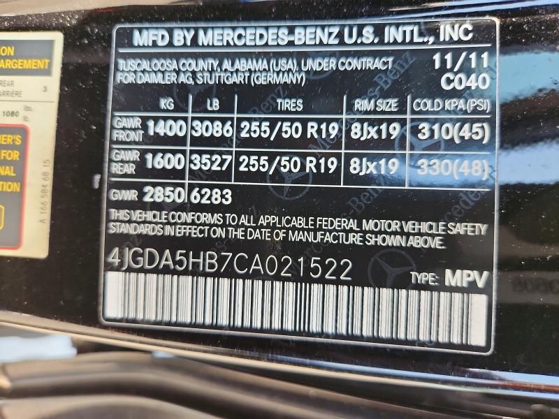 Aukcja sprzedaży 2012 Mercedes-benz Ml, vin: 4JGDA5HB7CA021522, numer aukcji: 61104356