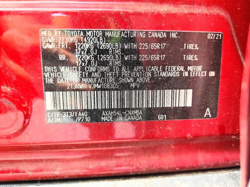 Aukcja sprzedaży 2021 Toyota Rav4, vin: 2T3RWRFV3MW108305, numer aukcji: 58806486