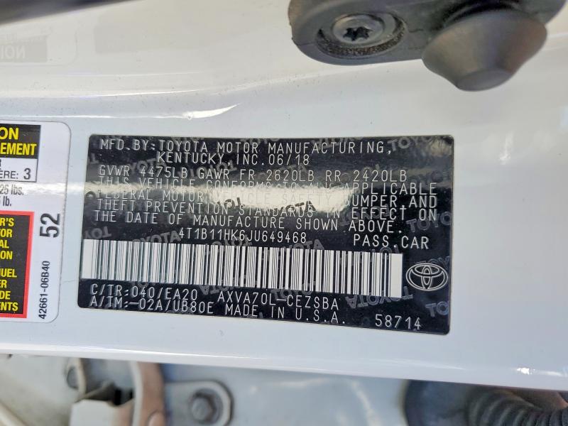 Продажа на аукционе авто 2018 Toyota Camry, vin: 4T1B11HK6JU649468, номер лота: 60219356