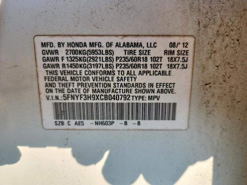 Продажа на аукционе авто 2012 Honda Pilot, vin: 5FNYF3H9XCB040792, номер лота: 60172126