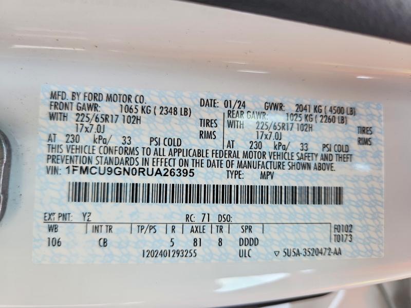 2024 Ford Escape მანქანა იყიდება აუქციონზე, vin: 1FMCU9GN0RUA26395, აუქციონის ნომერი: 59670196