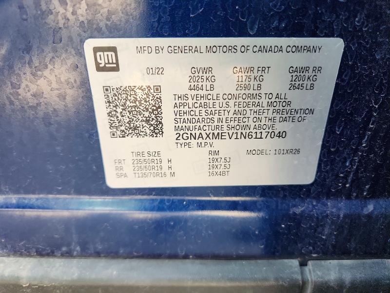 Продаж на аукціоні авто 2022 Chevrolet Equinox, vin: 2GNAXMEV1N6117040, номер лоту: 59604026