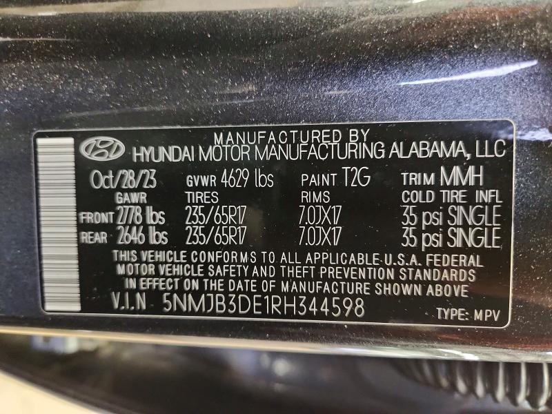 Aukcja sprzedaży 2024 Hyundai Tucson, vin: 5NMJB3DE1RH344598, numer aukcji: 63108086