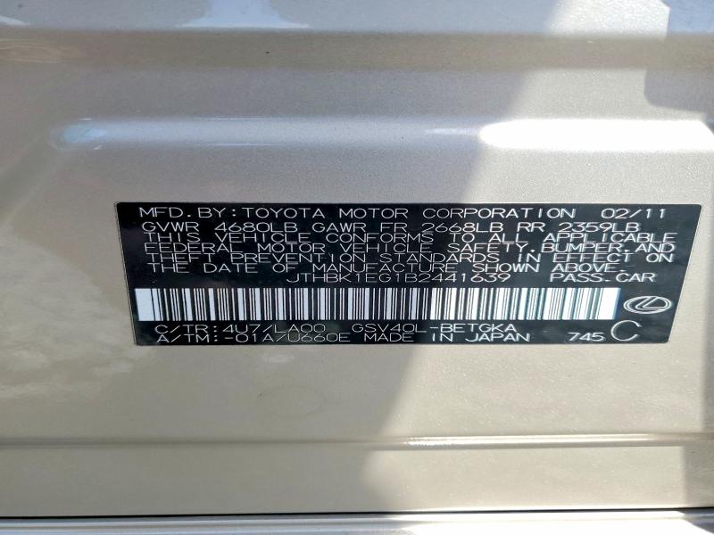 60187556 :رقم المزاد ، JTHBK1EG1B2441639 vin ، 2011 Lexus Es مزاد بيع