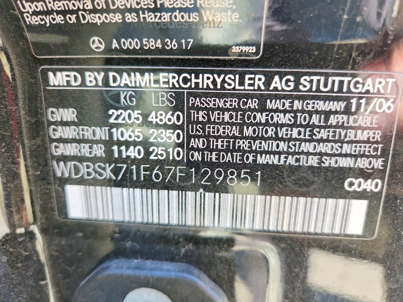Aukcja sprzedaży 2007 Mercedes-benz Sl, vin: WDBSK71F67F129851, numer aukcji: 60704536