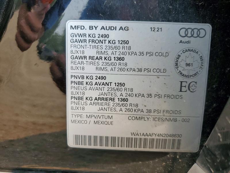 Aukcja sprzedaży 2022 Audi Q5, vin: WA1AAAFY4N2048630, numer aukcji: 60250866