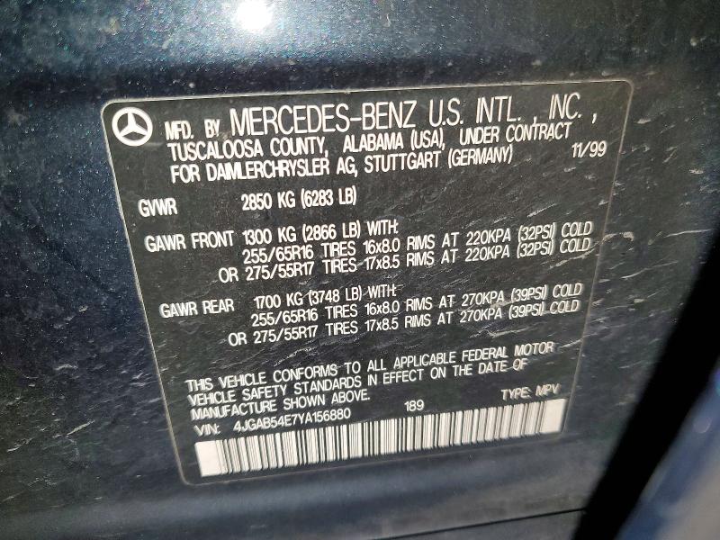 Aukcja sprzedaży 2000 Mercedes-benz Ml-class, vin: 4JGAB54E7YA156880, numer aukcji: 58651576