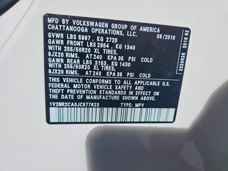 61877696 :رقم المزاد ، 1V2NR2CA0JC577623 vin ، 2018 Volkswagen Atlas مزاد بيع