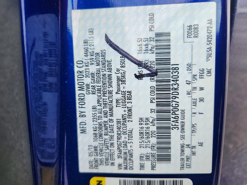 61929526 :رقم المزاد ، 3FA6P0G79DR340381 vin ، 2013 Ford Fusion مزاد بيع