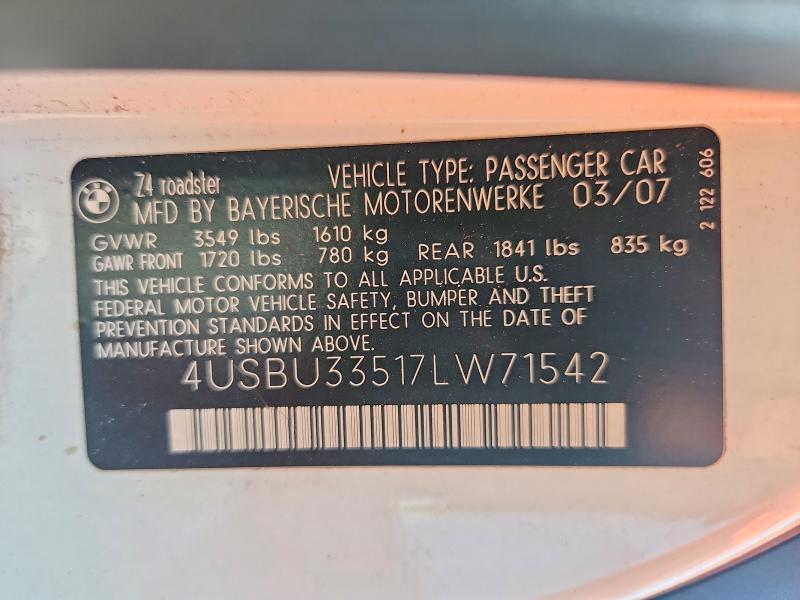 Продаж на аукціоні авто 2007 Bmw Z4, vin: 4USBU33517LW71542, номер лоту: 62760556