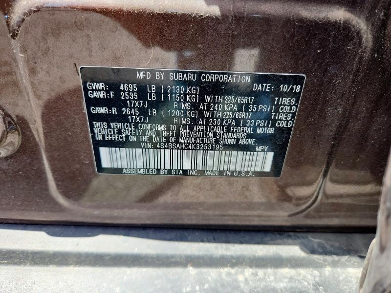 2019 Subaru Outback მანქანა იყიდება აუქციონზე, vin: 4S4BSAHC4K3253195, აუქციონის ნომერი: 59176426