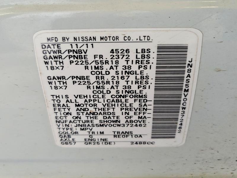 58782896 :رقم المزاد ، JN8AS5MV0CW372462 vin ، 2012 Nissan Rogue مزاد بيع