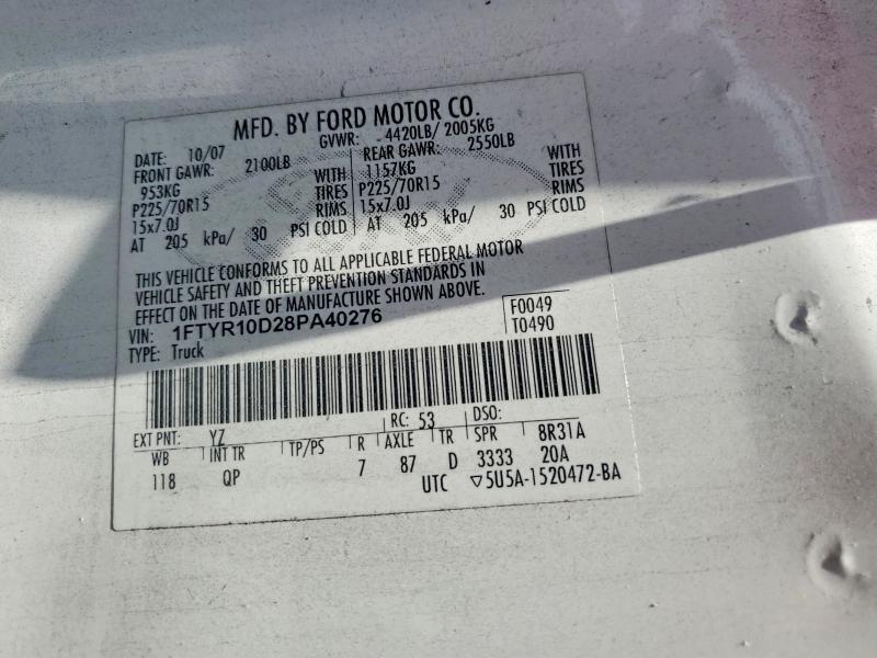 2008 Ford Ranger მანქანა იყიდება აუქციონზე, vin: 1FTYR10D28PA40276, აუქციონის ნომერი: 62440486