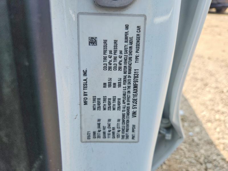 Aukcja sprzedaży 2021 Tesla Model 3, vin: 5YJ3E1EAXMF978311, numer aukcji: 62522516
