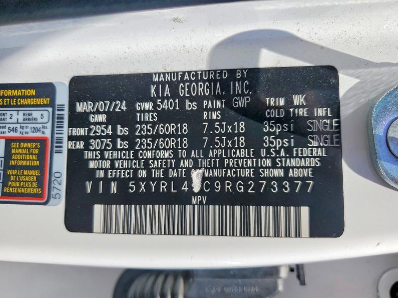 Aukcja sprzedaży 2024 Kia Sorento, vin: 5XYRL4JC9RG273377, numer aukcji: 62630546