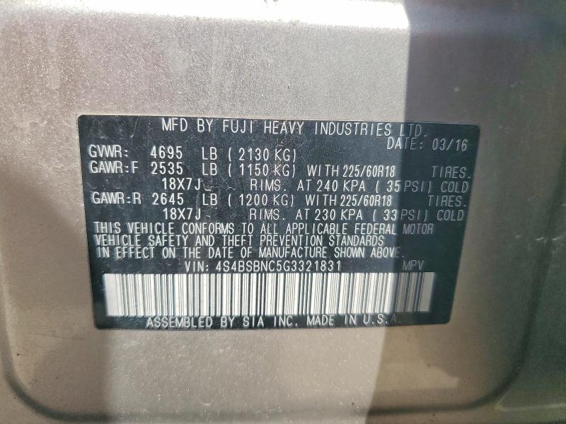 2016 Subaru Outback მანქანა იყიდება აუქციონზე, vin: 4S4BSBNC5G3321831, აუქციონის ნომერი: 59271756