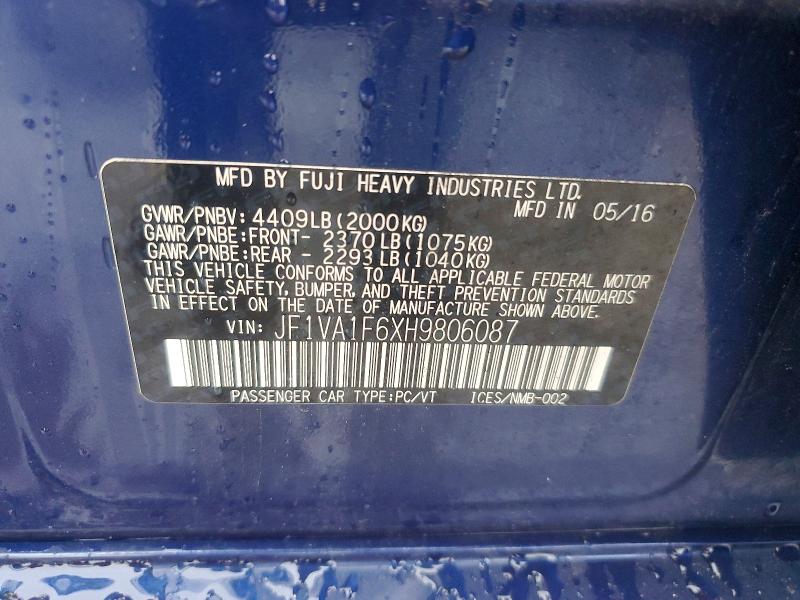 2017 Subaru Wrx მანქანა იყიდება აუქციონზე, vin: JF1VA1F6XH9806087, აუქციონის ნომერი: 61416046