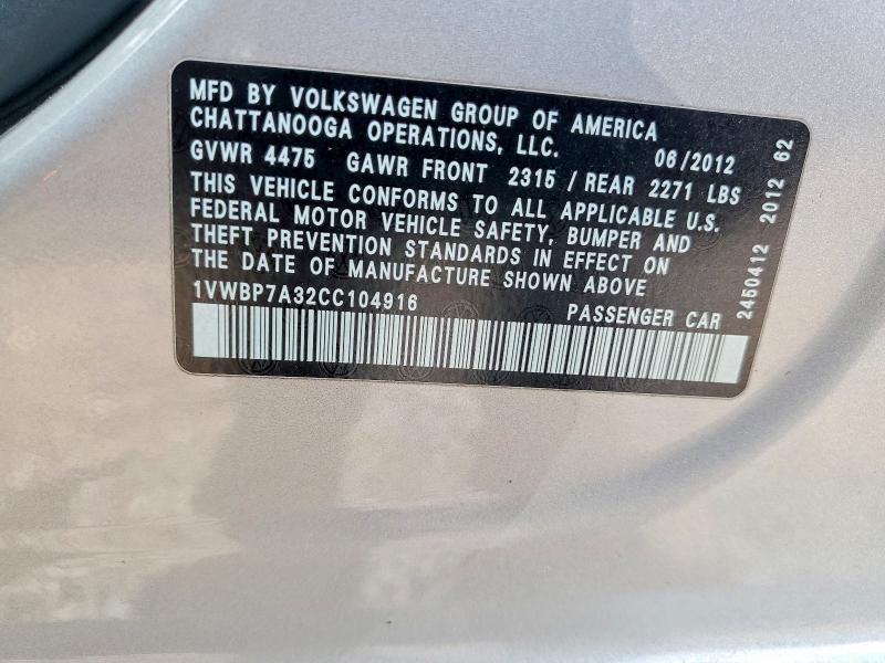 2012 Volkswagen Passat მანქანა იყიდება აუქციონზე, vin: 1VWBP7A32CC104916, აუქციონის ნომერი: 63369326
