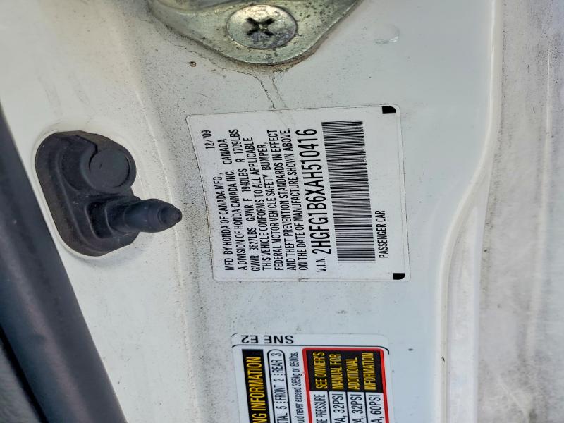 2010 Honda Civic მანქანა იყიდება აუქციონზე, vin: 2HGFG1B6XAH510416, აუქციონის ნომერი: 61166266