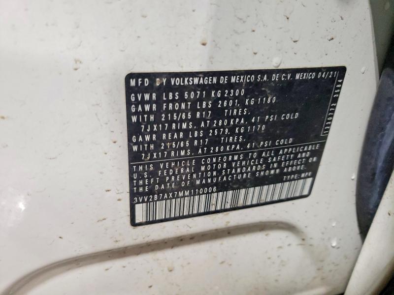 Aukcja sprzedaży 2021 Volkswagen Tiguan, vin: 3VV2B7AX7MM110006, numer aukcji: 63201056