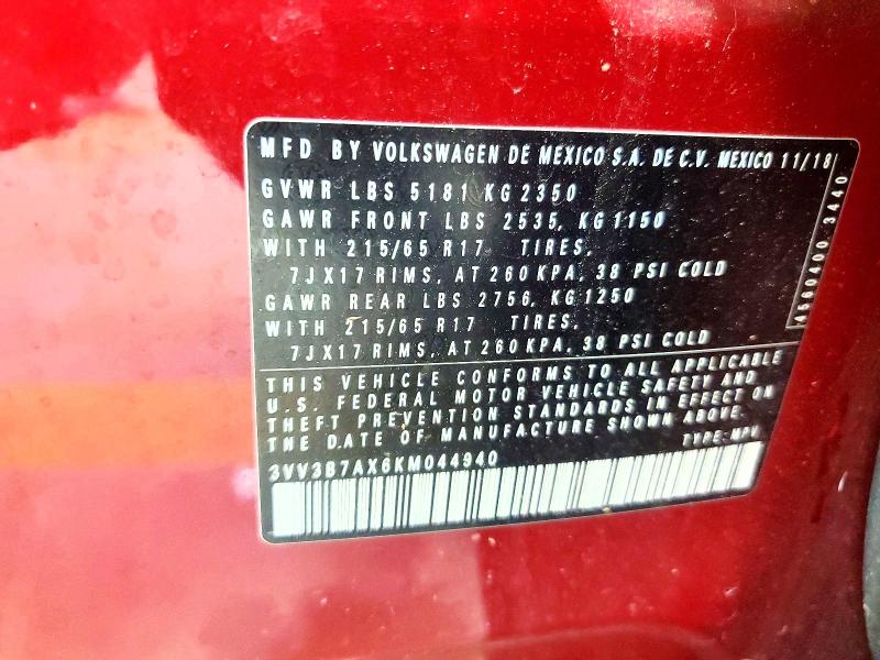 60611276 :رقم المزاد ، 3VV3B7AX6KM044940 vin ، 2019 Volkswagen Tiguan مزاد بيع