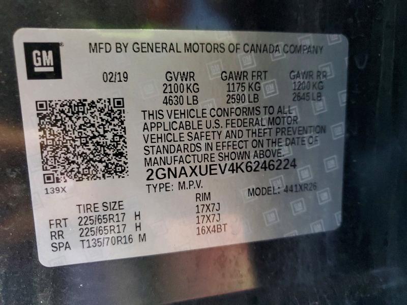 60637206 :رقم المزاد ، 2GNAXUEV4K6246224 vin ، 2019 Chevrolet Equinox مزاد بيع