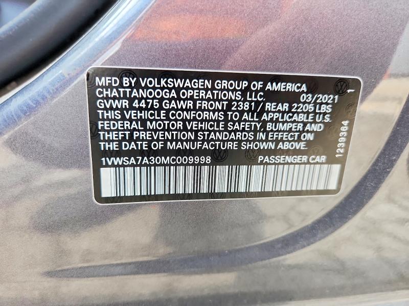 Aukcja sprzedaży 2021 Volkswagen Passat, vin: 1VWSA7A30MC009998, numer aukcji: 60972886