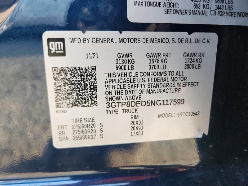 62932006 :رقم المزاد ، 3GTP8DED5NG117599 vin ، 2022 Gmc Sierra Limited مزاد بيع