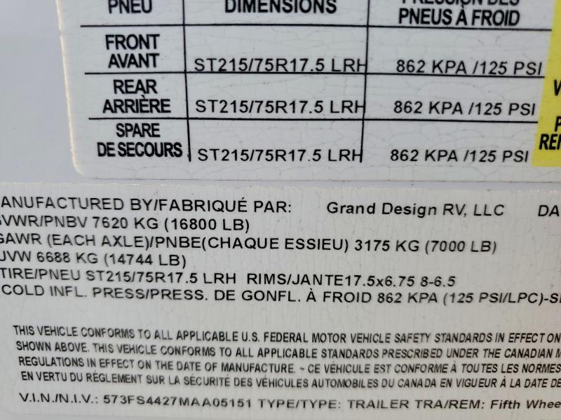 Продаж на аукціоні авто 2021 Grand Design Recreational Vehicle (rv), vin: 573FS4427MAA05151, номер лоту: 58123816