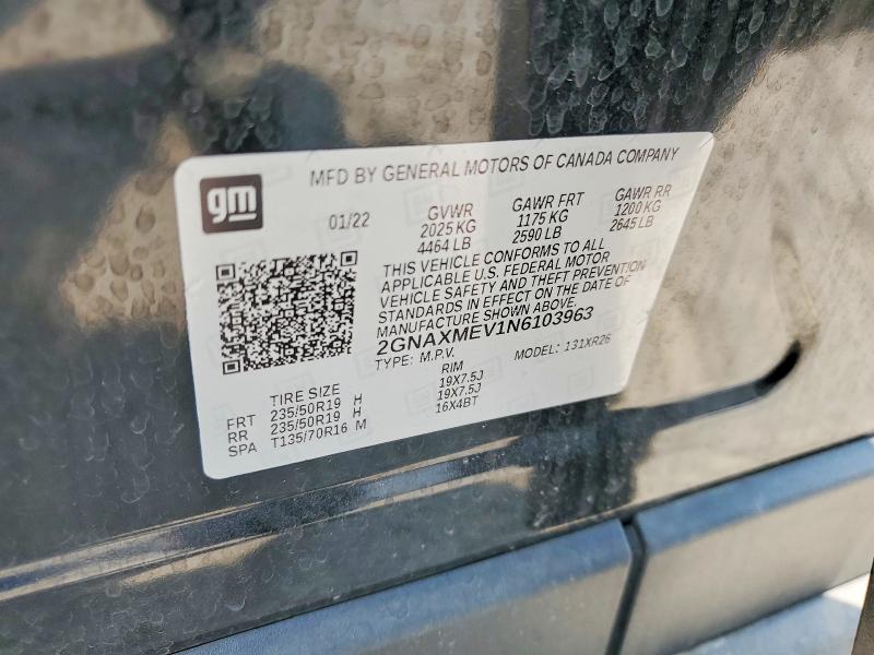 62280436 :رقم المزاد ، 2GNAXMEV1N6103963 vin ، 2022 Chevrolet Equinox مزاد بيع