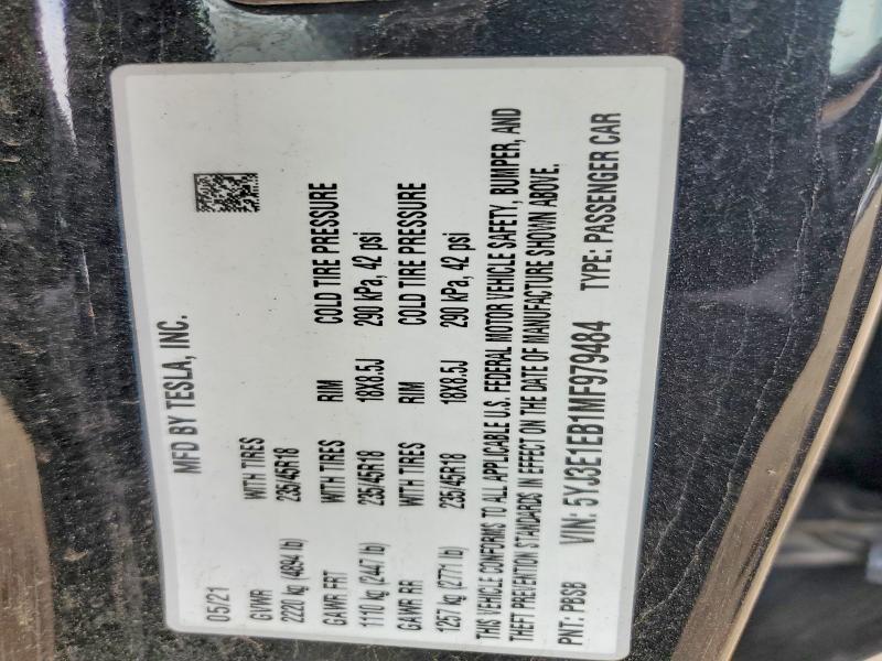 Aukcja sprzedaży 2021 Tesla Model 3, vin: 5YJ3E1EB1MF979484, numer aukcji: 60313016