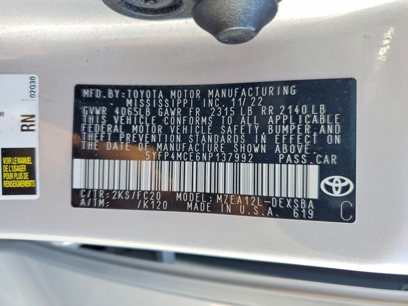 2022 Toyota Corolla მანქანა იყიდება აუქციონზე, vin: 5YFP4MCE6NP137992, აუქციონის ნომერი: 62792876