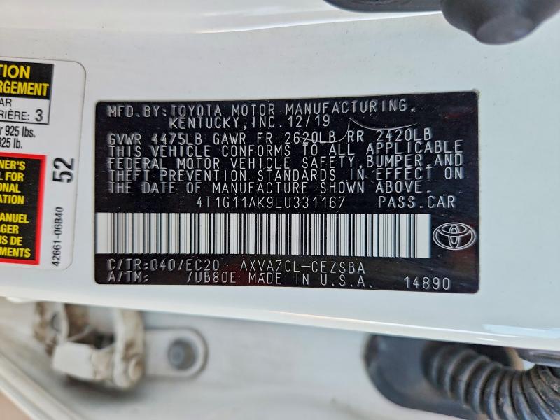 Продажа на аукционе авто 2020 Toyota Camry, vin: 4T1G11AK9LU331167, номер лота: 62546046