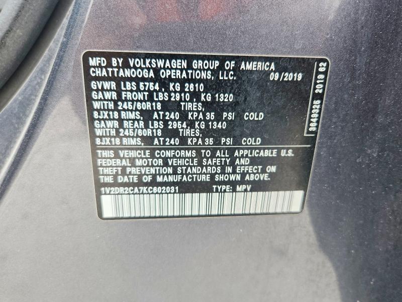 Продаж на аукціоні авто 2019 Volkswagen Atlas, vin: 1V2DR2CA7KC602031, номер лоту: 62319956
