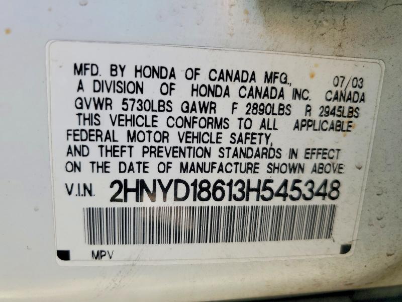 62726586 :رقم المزاد ، 2HNYD18613H545348 vin ، 2003 Acura Mdx مزاد بيع