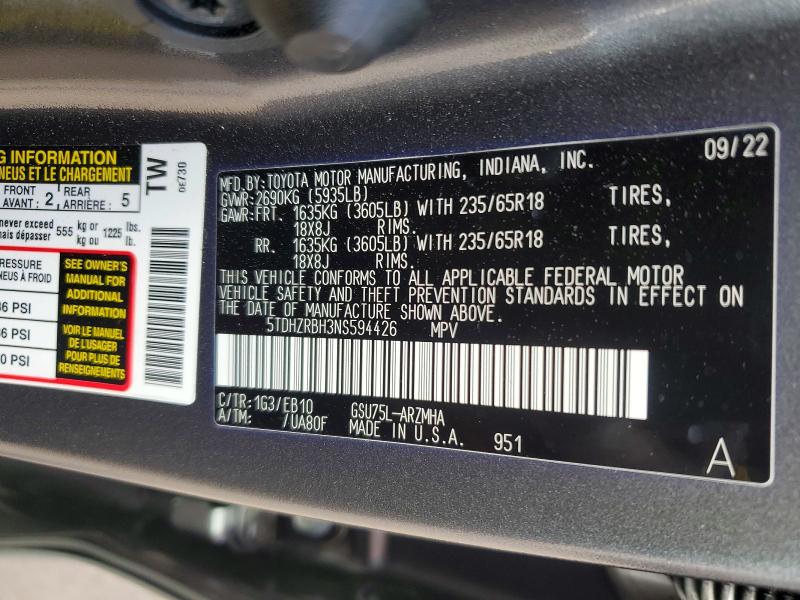 61565446 :رقم المزاد ، 5TDHZRBH3NS594426 vin ، 2022 Toyota Highlander مزاد بيع