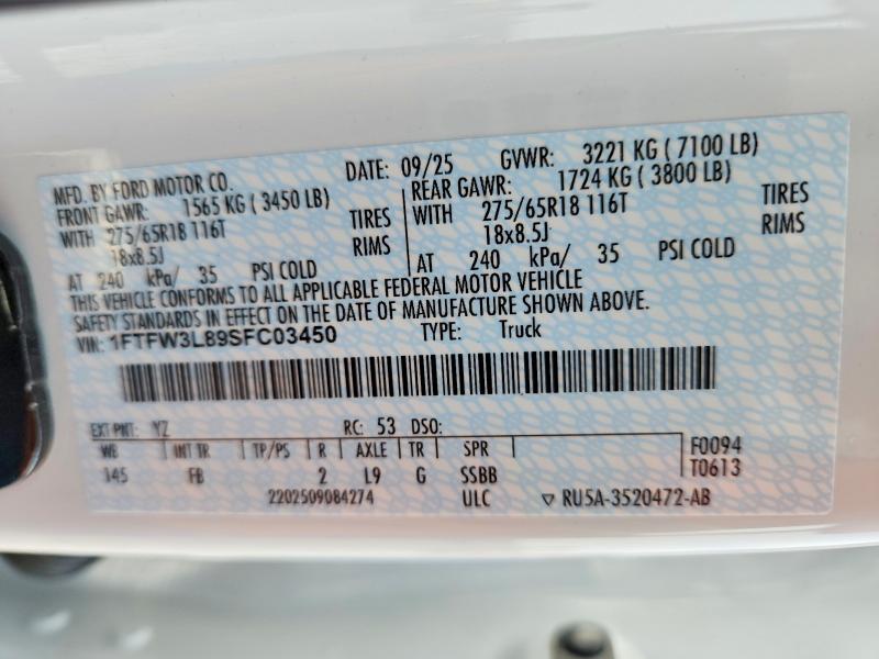 Aukcja sprzedaży 2025 Ford F150, vin: 1FTFW3L89SFC03450, numer aukcji: 60413536