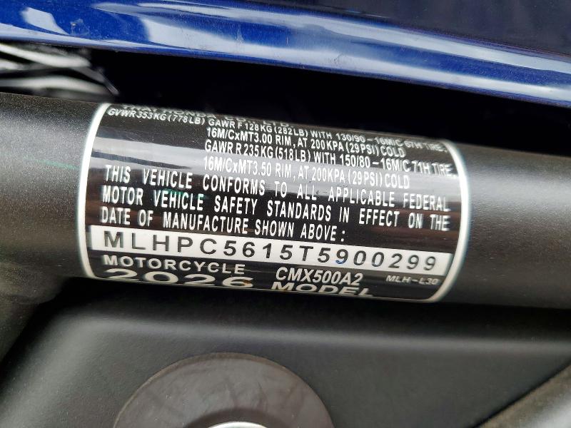 2026 Honda Cmx500 მანქანა იყიდება აუქციონზე, vin: MLHPC5615T5900299, აუქციონის ნომერი: 61223696