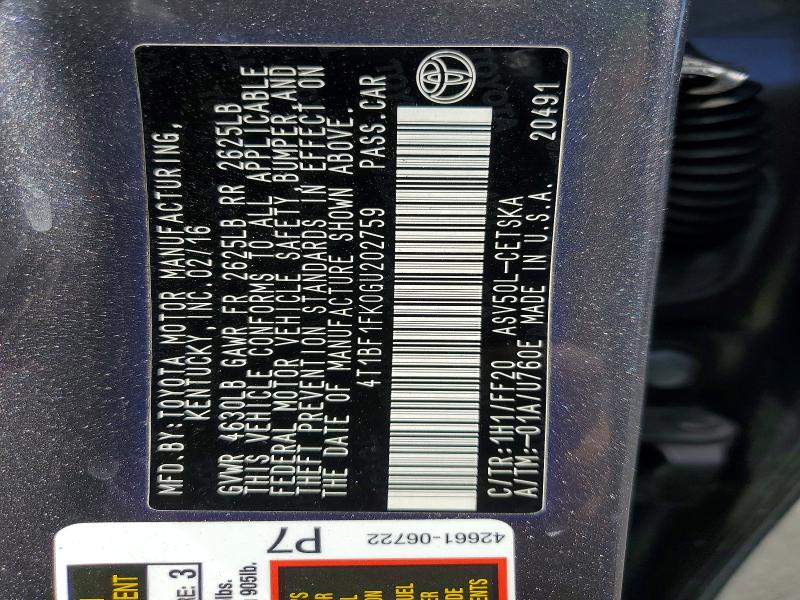 62352736 :رقم المزاد ، 4T1BF1FK0GU202759 vin ، 2016 Toyota Camry مزاد بيع
