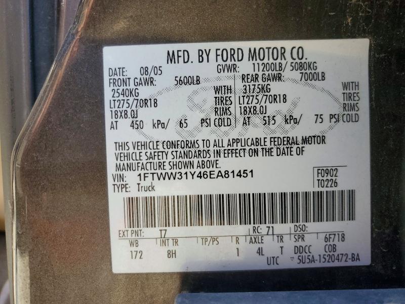 Продаж на аукціоні авто 2006 Ford F350, vin: 1FTWW31Y46EA81451, номер лоту: 62858416