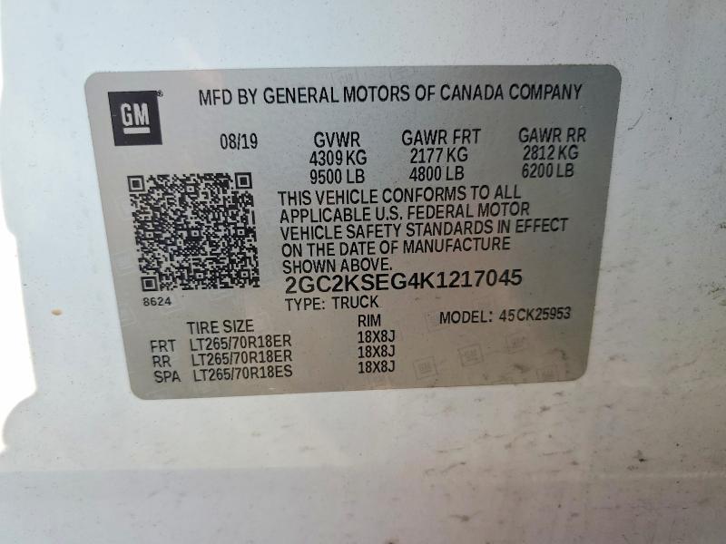 2019 Chevrolet Silverado მანქანა იყიდება აუქციონზე, vin: 2GC2KSEG4K1217045, აუქციონის ნომერი: 59404816