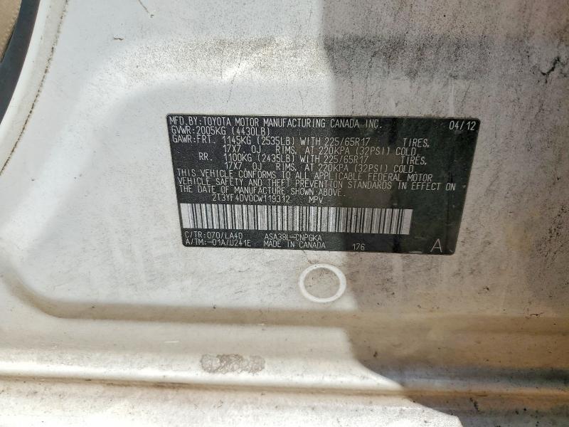 Продажа на аукционе авто 2012 Toyota Rav4, vin: 2T3YF4DV0CW119312, номер лота: 62115836