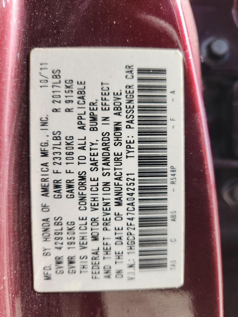 Продаж на аукціоні авто 2012 Honda Accord, vin: 1HGCP2F47CA042521, номер лоту: 61810786