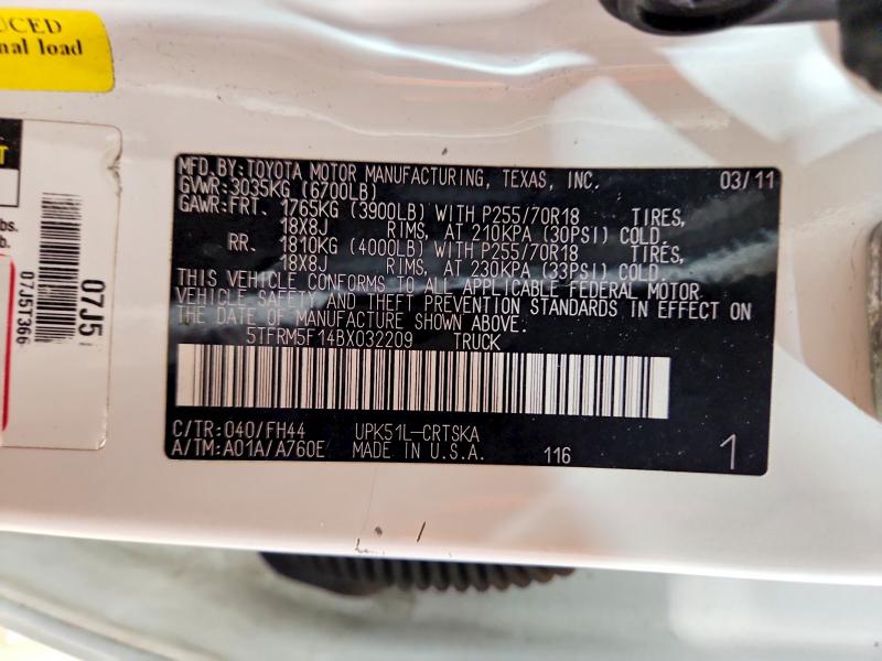 2011 Toyota Tundra მანქანა იყიდება აუქციონზე, vin: 5TFRM5F14BX032209, აუქციონის ნომერი: 61326726
